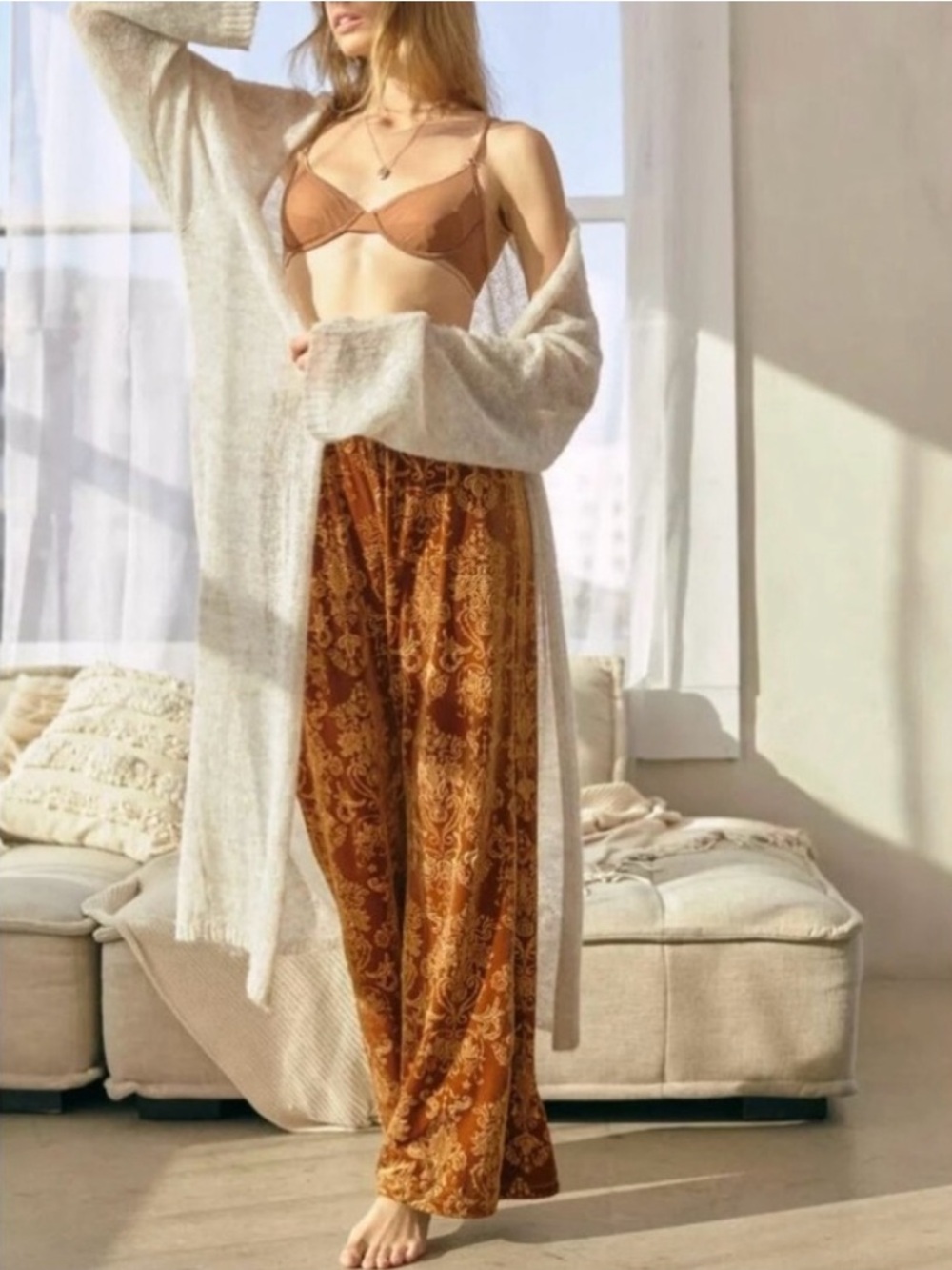 Beyond Yoga Anthropologie Best Dressed Velvet Wide Lag Pants Bronze M